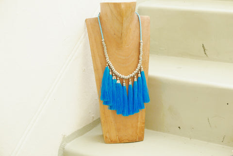 Tassel Round Necklace - Aqua Blue